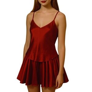 Vintage 90's Betsey Johnson Skirt & Cami Tank Set Red Satin Tulle Small